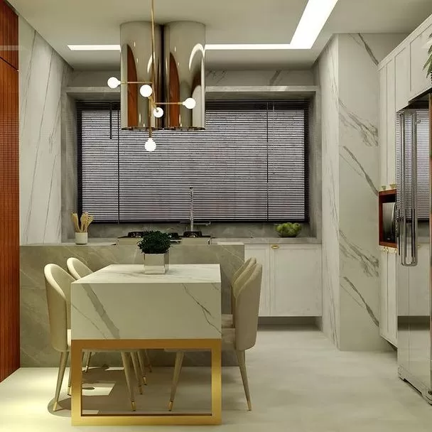 Cozinha Americana com Sala Integrada. Moderna Detalhes em Dourado